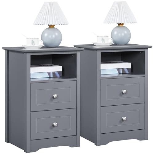 Image of Yaheetech Bedside Tables Set of 2, Wooden Nightstand with 2 Storage Drawers, Open Compartment, Sturdy Modern Cabinet for Bedroom, Living Room, 35x40x60 cm, Grey