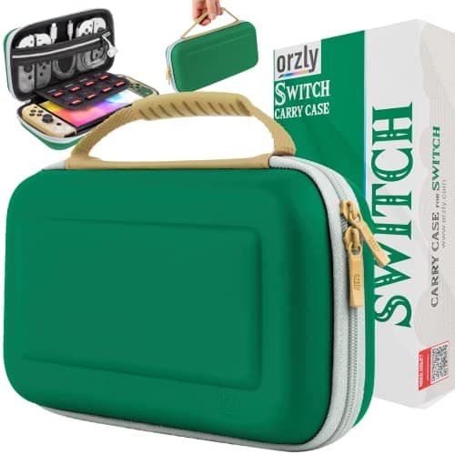 Image of Orzly Switch Case for Nintendo Switch OLED and Standard Switch Console with Accessories and Games Storage Compartment - Designed for Zelda Fans Gift Boxed Edition Green Gold White Carrying case
