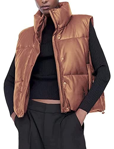 Image of Women´s PU Leather Puffer Vest Stand Collar Padded Vest Sleeveless Quilted Lightweight Jacket Winter Warm Outerwear Puffer Gilet (Brown, Medium)
