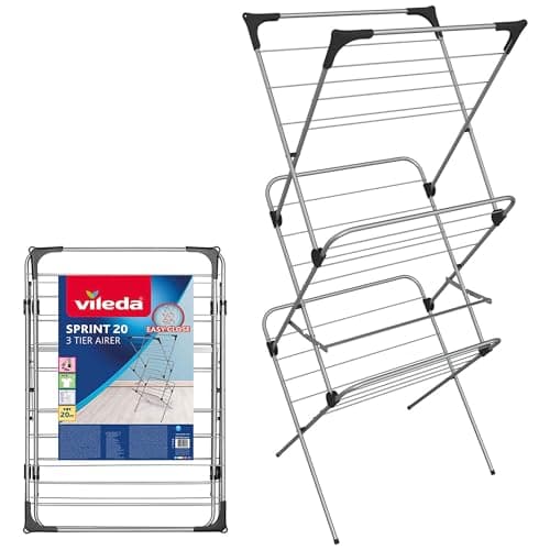 Image of Vileda 3 Tier Clothes Airer Sprint 20m Washing Line | Foldable Indoor Clothes Drying Rack Includes 4 Corner Hooks for Clothes Hangers | Non-Slip Feet and Steel Frame | Holds 2 Washloads