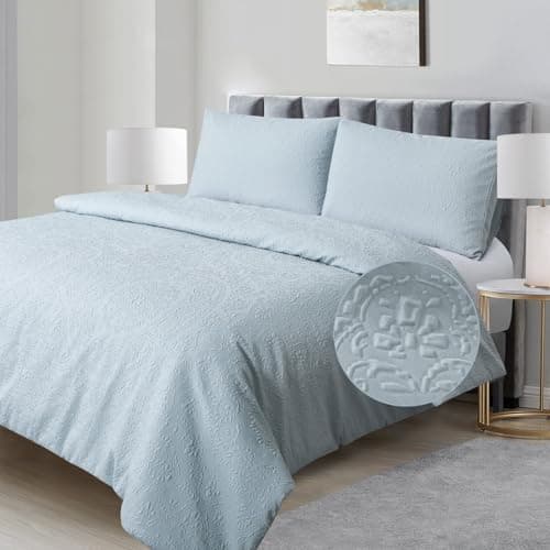Image of Chlophy Duck Egg Blue Duvet Sets Double Floral Duvet Cover Damask Mandala Textured Embossed Medallion Bohemian Jacquard Garland Light Blue