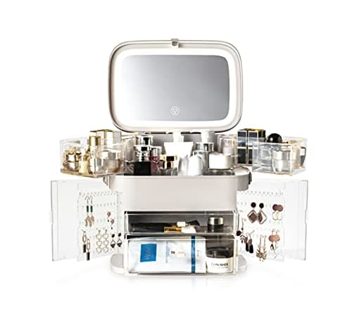 Image of Rio Ultimate Beauty Storage Vanity Case with Touch Dimmable LED Mirror, Acrylic Makeup Organizer with Drawers, Jewelry Holder, USB Powered, Portable Vanity Case for Skincare, Cosmetics & Accessories