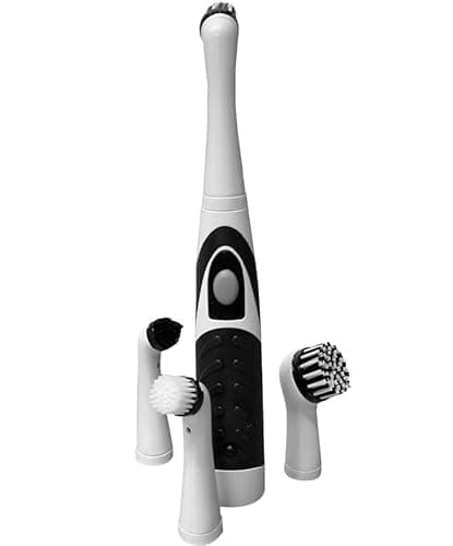 Image of Electric Household Cleaning Brush - Scrubbing Brushes with 4 Replaceable Brush Heads - For Home, Kitchen & Bathroom - Mould Remover & Cleans Grout | Power Cleaner Scrubbers for Toilet, Tile, Floor
