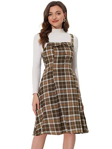 Image of Allegra K Women's Dress Plaid Pinafore Dress Sleeveless Button Decor Pinafore Vintage Overall Tartan Cami Midi Dresses Brown 20