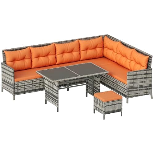 Image of Outsunny 6 Pieces Rattan Garden Furniture Set, 8-Seater Garden Corner Sofa Set with 3 Loveseats, Glass Top Table, Footstools, Outdoor Conservatory Furniture with Cushions for Patio, Orange