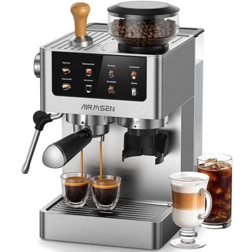 Image of AIRMSEN Bean to Cup Coffee Machine - 20 Bar Espresso Machine with Grinder & Milk Frother, 10 Grinding Settings, 1.8L Removable Water Tank for Home