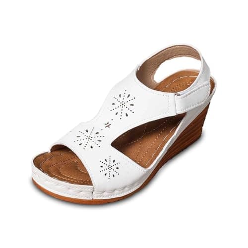 Image of Generisch Women Comfortable Open Toe Sandals Casual Wear Beach Walking Sandals with Adjustable Lightweight Wedge Heel Slippers for Summer Spring and Autumn, White, 6 UK