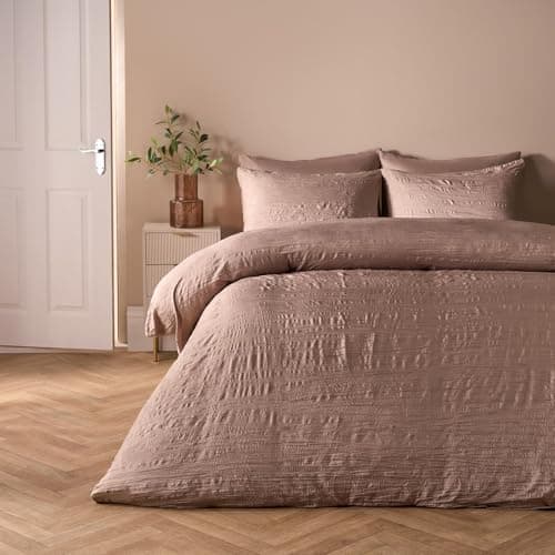 Image of OHS Double Duvet Cover Set, Super Soft Warm Microfibre Stylish Textured Crinkle Double Duvet Set Luxurious Comfy Bedding with Matching Pillowcases, Mink