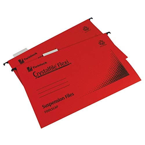 Image of Rexel Foolscap Suspension Files with Tabs and Inserts for Filing Cabinets, 15 mm V-base, Manilla, Red, Crystalfile Flexifile, Pack of 50, 3000042