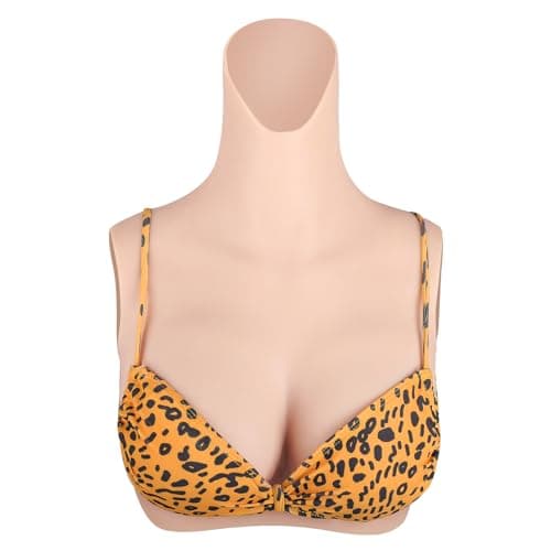 Image of YEEFAIRY Silicone Crossdresser Breast Forms Prosthesis High Neck Costume Realistic Artificial Breastplate for Drag Show MTF Transition Transgender Cosplay (B Cup with Cotton Filler - Ivory White)