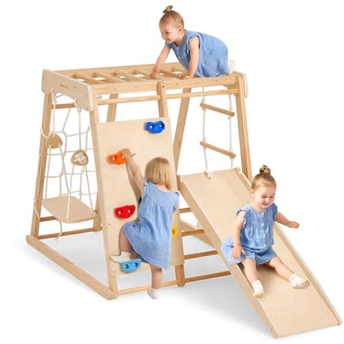 Image of Giant bean Indoor Climbing Frame for Toddlers, Jungle Gym for 1-3 Kids,Toddlers Climber Toys with Slide, Rock Climb Wall, Monkey Bars, Wood & Rope Ladder, Swing