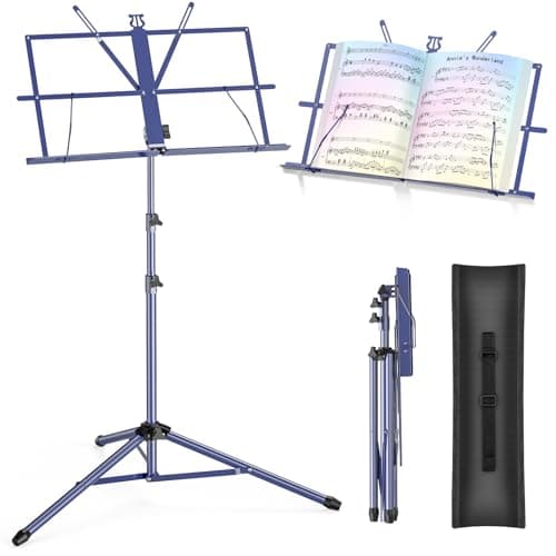 Image of New Bee Music Stand - Music Stands for Sheet with Carrying Bag, Metal Sheet Music Stand Portable, Adjustable Podium Stand with Tripod Base and Sheet Music Folder - Blue