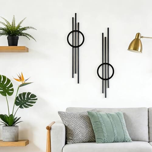 Image of YiYa 2 Pcs Metal Geometric Wall Decor Black Lines Metal Wall Art Abstract Wall Art Modern Geometric Wall Hanging for Home Living Room Bedroom (Black)