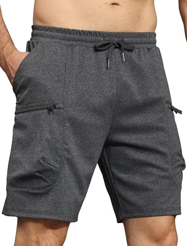 Image of YuKaiChen Men's Shorts Textured Stretch Fabric Gym Cargo Shorts with Zip Pockets Size 38 Dark Grey with pockmarks