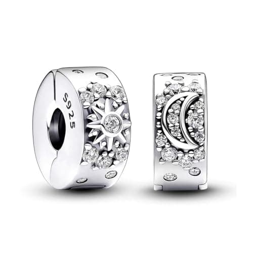 Image of TOFBS 2 PCS Women's Charms for Bracelets Necklaces 925 Sterling Silver Sun Moon Star Clip Spacer Stopper Charm Cubic Zirconia Pendant Bead Jewelry Birthday Gifts for Girls Mum Wife (Silver)