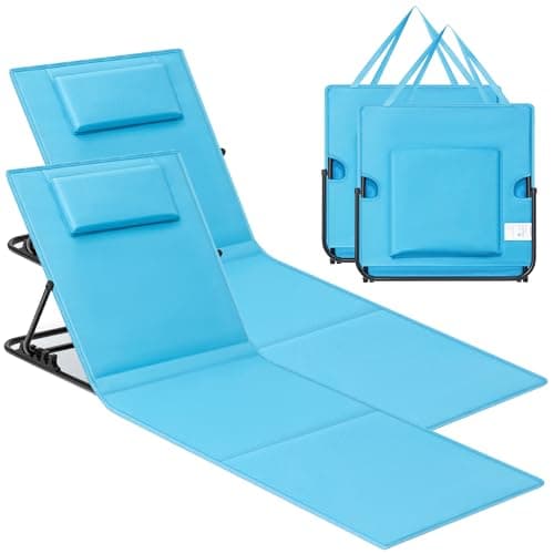 Image of SONGMICS Set of 2 Folding Beach Sunloungers, Deck Beach Chairs Mats, Reclining Backrest, Lightweight Portable with Handle, for Camping Garden Pool, 158 x 55 cm, Sky Blue GCB251Q01