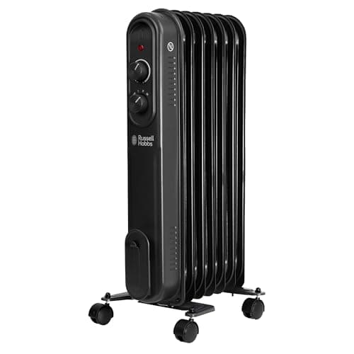Image of Russell Hobbs 1500W/1.5KW Oil Filled Radiator, 7 Fin Portable Electric Heater - Black, Adjustable Thermostat with 3 Heat Settings, Overheat Protection, 15m sq Room Size, 2 Year Guarantee RHOFR7004B