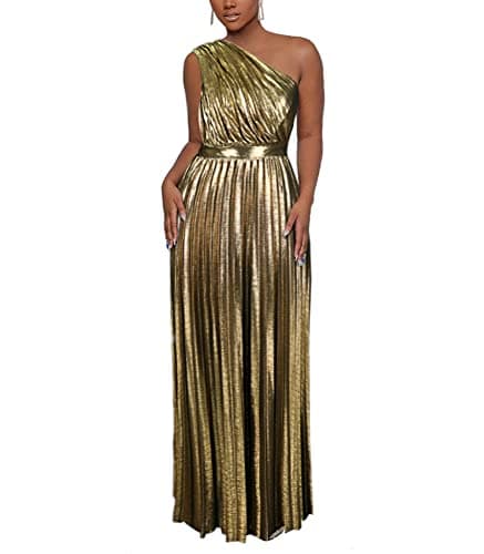 Image of AOMEI Women's Luxury Metallic One Shoulder Sleeveless Elegant Pleated Long Dress, Gold, L