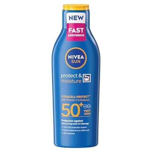 Image of NIVEA SUN Protect & Moisture Sun Lotion SPF 50+ (200 ml), Suncream with Vitamin C and Hyaluron, Provides 48H Moisture and Immediate UVA/UVB Protection, Fast-Absorbing, No White Cast Formula