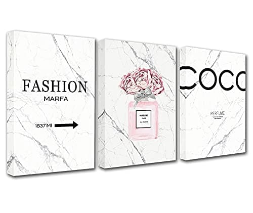 Image of Pink Perfume Fashion Women Canvas Wall Art for Living Room Decor Set of 3 Perfume Flowers Painting with Marble Background Home Decor Room Wall Pictures for Teen Girls Bedroom Framed 42x20 Inch