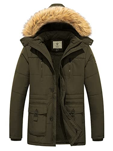 Image of WenVen Men's Winter Outdoor Puffer Jacket Thickened Long Sleeve Coats Warm Fleece Lining Coat Hooded Windproof Parka Jacket Army Green L