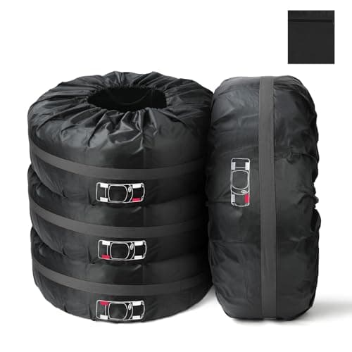 Image of Adiwo Car Spare Tire Covers 4 Pack, 13-18 IN Tyre Bag Set, Diameter 66cm Wheel Protection Cover, Tyre Bags with Handle, Waterproof Dustproof Auto Spare Tires Storage Bags for Car UV SUV Truck Black, S