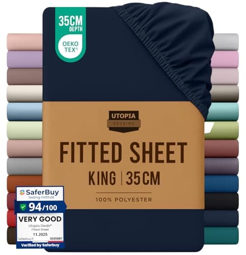 Image of Utopia Bedding Fitted Sheet King, Navy - Deep Pocket 14 inch (35 cm) - Easy Care - OEKO-TEX Certified - Soft Brushed Microfibre Fabric - Shrinkage and Fade Resistant - Bottom Sheet