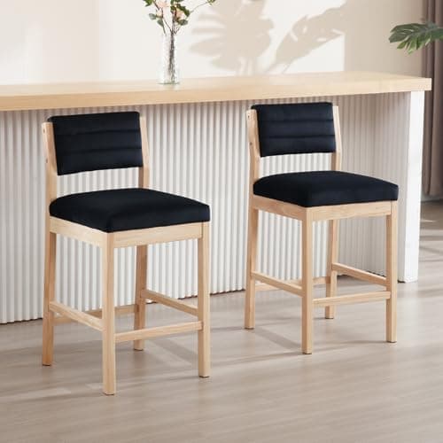 Image of chairus Retro Velvet Bar Stools Set of 2 Armless Kitchen Counter Stools with Wood Legs, Upholstered Breakfast Bar Chairs for Kitchen Island/Dining Room/Pub, Black