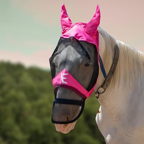 Image of XE Horse Fly Mask with Ears –Breathable Mesh Full Face and Nose Horse Mask for UV Protection and Equine Fly, Standard Equestrian Pink Horse Fly Mask (Full Pink Mask, Extra Full (XL))