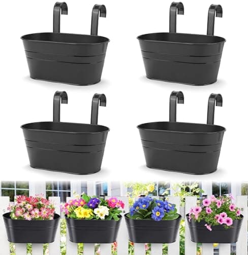 Image of LATERN 4Pcs Metal Hanging Flower Pots, 27.5cm Large Plant Pots Hanging Flower Bucket with Detachable Hook for Balcony Fence Garden Home Decor (Black)