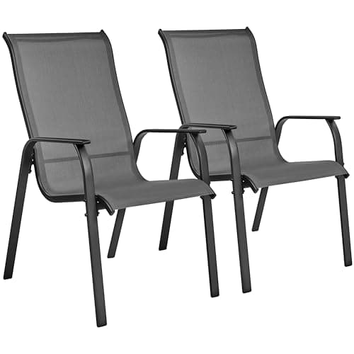 Image of Yaheetech Outdoor Dining Chairs, Set of 2 Patio Stackable Garden Chairs with Backrest/Armrests for Garden/Lawn/Porch/Backyard Pool, Gray