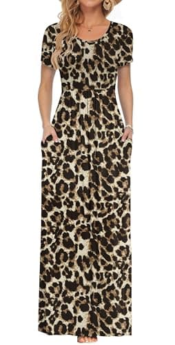 Image of AUSELILY Maxi Dress for Women Summer Casual Long Dresses for Laydies with Pockets Brown Leopard All M