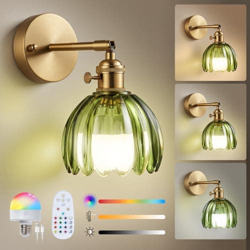 Image of Warmiehomy Rechargeable Wall Lights, Battery Operated Wall Lights with Remote & Bulb, 12 RGB Colors & 3 Color Temperature, Dimmable Indoor Wireless Wall Sconces for Living Room Bedroom, Green Tulip
