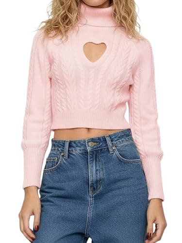 Image of SANSIWU Women Sexy Heart Cutout Cropped Turtleneck Sweater Long Sleeve High Neck Hollow Knitwear Pullover Tops Streetwear (A-Pink, L)