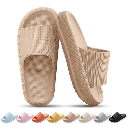 Image of BAGHUY Sliders Women Mens Cloud Sliders Slippers Non-Slip Soft Flip Flops Comfortable Shower Cloud Slippers for Bathroom Pool Beach Indoor & Outdoor，Khaki,6-7 UK