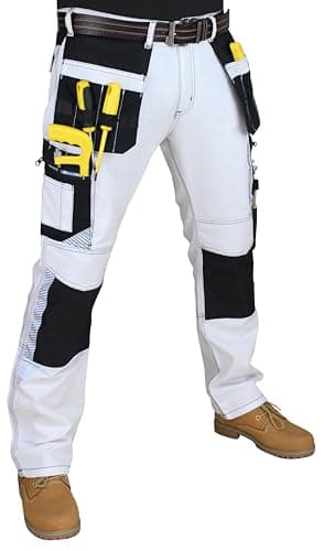 Image of HASHOOB TRADING FZE Men’s White Workwear Cargo Trousers Heavy Duty Thick Fabric Multi Pocket Painters Decorators Work Trousers (WHITE1, 34W X 32L)