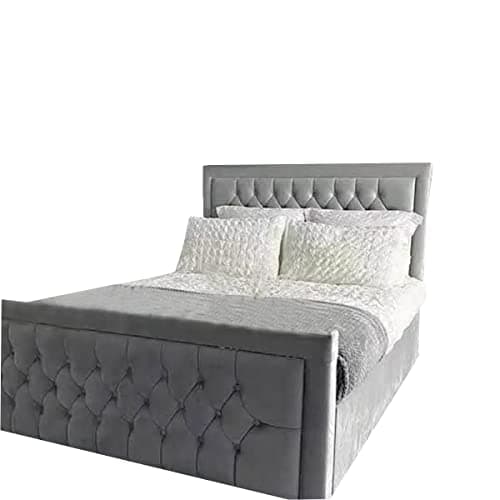 Image of THE BED VILLAGE YORKSHIRE Border Upholstered Bed Frame with Diamante Buttons. Velvet Crushed/Plush Fabric Bed Frames With Padded Diamond Headboard For Bedroom (3ft Single, Silver Crush)
