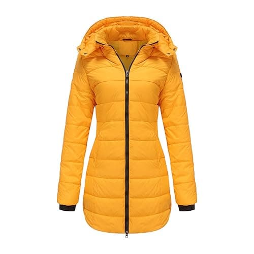 Image of NSICBMNO Yellow Long Coats For Women Uk Quilted Jacket Hooded Padded Jackets Winter Coats Slim Fit Puffer Jacket Parka Zip Up Hoodie Down Coat Plain With Zip Pockets Outerwear