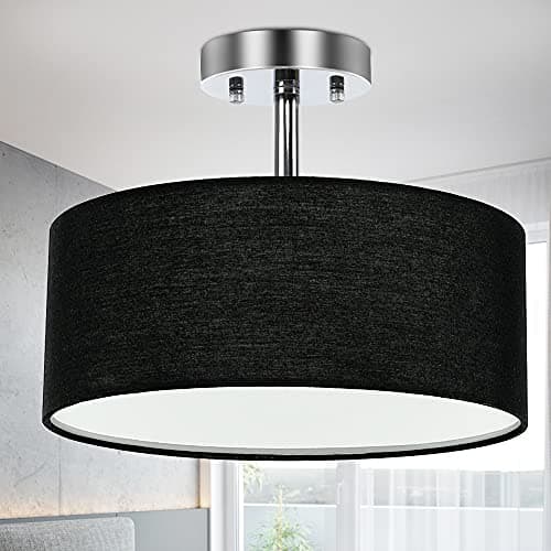 Image of Depuley Semi Flush Mount Ceiling Light Fixture, 3-Lights Fabric Chandeliers, Large Black Drum Lampshade, Modern Close to Ceiling Lamps for Living Room, Bedroom, Dining Room, Kitchen, Hallway