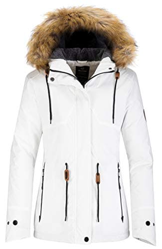 Image of Wantdo Women's Warm Ski Jacket Waterproof Windbreaker Snowboarding Jacket Hooded Winter Coat Outdoor Snow Jacket with Fleece White L