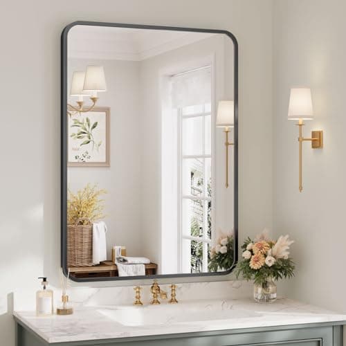 Image of Dripex 55x75cm Rectangular Bathroom Mirror, Aluminium Frame Curved Corners, Pre-Fitted Hooks & Fixing Kit, Hang or Lean Vertically/Horizontally, for Living Room, Bedroom, Black