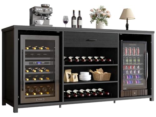 Image of LVB Long Coffee Bar Cabinet with Fridge Space, Modern Wood Metal Large Wine Liquor Cabinet with Rack, Big Wide Sideboard Buffet Cabinet with Drawer Storage for Kitchen Dining Room, Black Oak, 180 CM