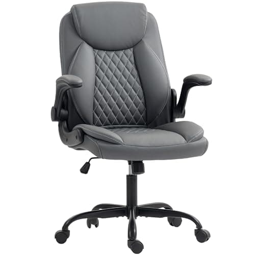 Image of HOMCOM Executive Office Chair with Flip-Up Armrests, PU Leather Computer Desk Chair with Thick Cushion, Tilt Function, Height Adjustable for Home, Charcoal Grey