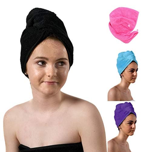 Image of aztex Luxury Hair Turban Towel, Head Wrap Towel, Hair Drying Towel with Loop and Button Fastener, Luxury Absorbent and Lightweight Cotton, Multiple Colours, 64 x 23cm - Black