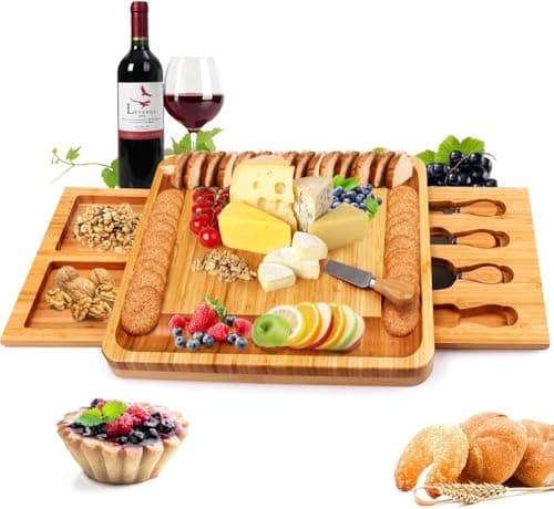 Image of Bamboo Cheese Board, Charcuterie Board, Cheese Tray, Large Cheese Platter Cheese Knives and Snack Tray Set, Ideal for Christmas, Birthday, Party, Wedding, New Year, Housewarming Gift