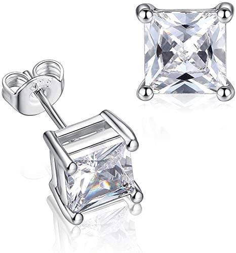 Image of Gulicx 6mm 925 Sterling Sliver Stud Earring for Women, 14K White Gold Plated Square CZ Cubic Zirconia Simulated Diamond Sparkly Unisex Cartilage Stud Earrings, Gift for Women Men Girls Teens