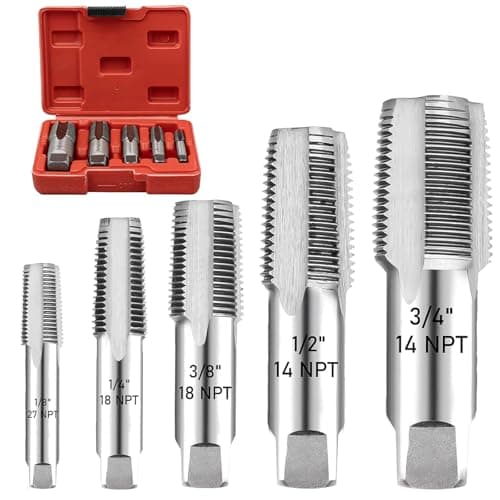 Image of 5 Piece NPT Pipe Tap Set, Professional NPT Thread Forming Tap with Storage Box Precision Carbon Steel 3/4" 1/2" 3/8" 1/4" 1/8" NPT Tap Drill Bit for Clean Accurate Thread Plumber Mechanic Cutting tool