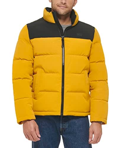 Image of Levi's Men's Arctic Cloth Retro Bubble Puffer Jacket Down Alternative Coat, Yellow/Black Tonal Logo, L
