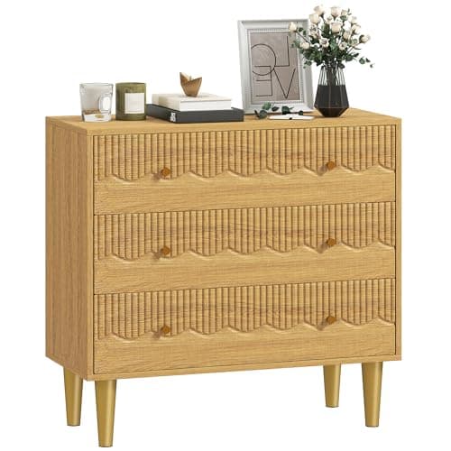 Image of HOMCOM Chest of Drawers, 3 Drawer Dresser, Storage Cabinet with Steel Legs and Wooden Top for Bedroom, Living Room, Oak