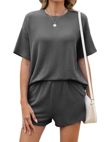 Image of Famulily Short Sleeve Tracksuit Womens Full Set Summer 2 Piece Outfits Loose Ribbed Knit Loungewear Co Ord Sets with Pockets Black XXL